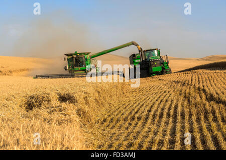 Les moissonneuses-batteuses John Deere la récolte du blé dans la région de Eastern Washington Palouse Banque D'Images