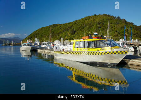 Les taxis de l'eau, port de Picton, Marlborough Sounds, île du Sud, Nouvelle-Zélande Banque D'Images