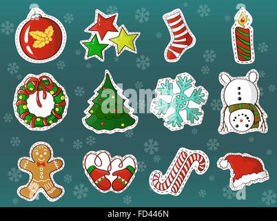 Collection de fêtes de Noël et du nouvel an décorations étiquette autocollant cartoon style vector modèle carte postale Illustration de Vecteur