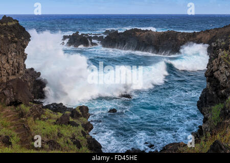 Le Chili, l'île de Pâques, parc national de Rapa Nui, les vagues se brisant sur les rochers Banque D'Images