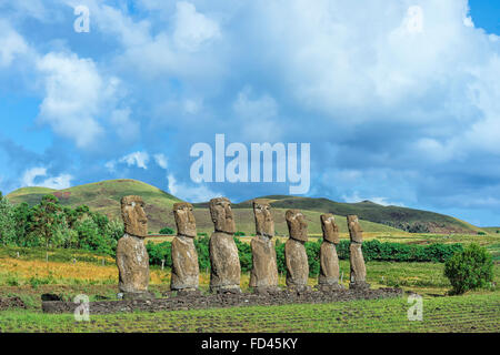 Ahu Akivi, Ahu Akivi Moais, Chili, île de Pâques, parc national de Rapa Nui, Site du patrimoine mondial de l'UNESCO Banque D'Images