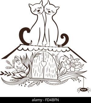 Noir et blanc graphiques Valentine illustration avec les chats et vintage fenêtre avec forme de coeur à l'intérieur Illustration de Vecteur