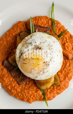 Repas gastronomique avec des œufs, des pétoncles et de la purée de courge Banque D'Images