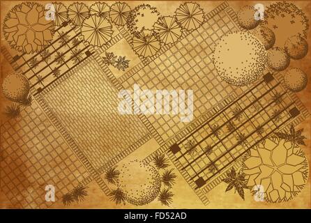 Projet d'architecture du paysage sur l'arrière-plan, plan jardin vintage avec symbole de l'arbre Illustration de Vecteur