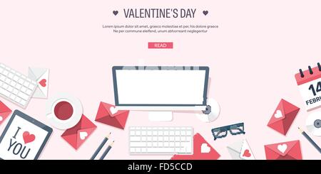 Vector illustration. Fond plat avec ordinateur, ordinateur portable. L'amour, coeurs. Valentines Day. Be My Valentine. 14 février. Message. Illustration de Vecteur