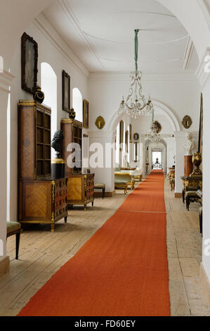 Red Carpet runner avec mobilier vitrine dans le couloir de Schloss Fasanerie près de Fulda en Allemagne Banque D'Images