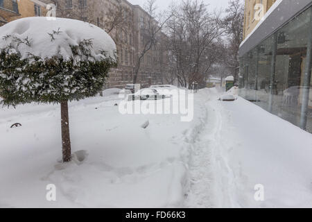 Odessa, Ukraine - le 18 janvier 2016 : un puissant cyclone, tempête, de fortes chutes de neige ont paralysé la ville. Problèmes de l'hiver avec la voiture. Road Banque D'Images