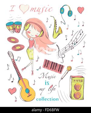 Fille dessiné à la main et accessoires musique doodle design elements set. Vector illustration. Illustration de Vecteur