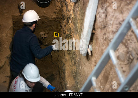 Guadalajara, Espagne. 28 janvier, 2016. L'exhumation des corps des personnes tuées par les forces de Franco et enterrés dans une fosse commune. Travail effectué par l'Association pour la récupération de la mémoire historique. © Marcos del Mazo/Pacific Press/Alamy Live News Banque D'Images