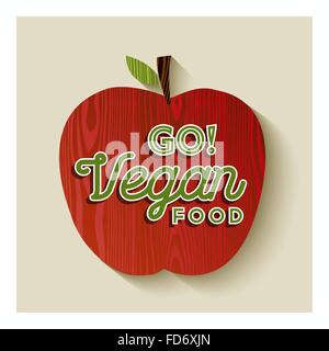 Pomme rouge sur la texture en bois avec Go vegan food concept illustration de texte. Vecteur EPS10. Illustration de Vecteur