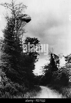Les troupes aéroportées britanniques de parachutes sur les arbres, 1944 Banque D'Images