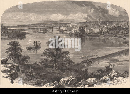 ST PAUL, MINNESOTA : La vue de Dayton's Bluff. Bateau à aubes, old print 1874 Banque D'Images