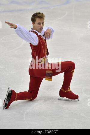 Bratislava, Slovaquie. 28 janvier, 2016. Michal Brezina, de la République tchèque, son programme libre au cours de patins à l'Figure Skating Championships à Bratislava, Slovaquie, jeudi 28 janvier, 2016. © Vaclav Salek/CTK Photo/Alamy Live News Banque D'Images