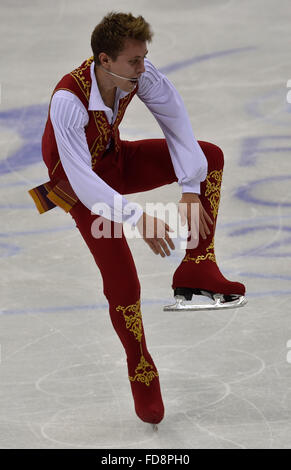 Bratislava, Slovaquie. 28 janvier, 2016. Michal Brezina, de la République tchèque, son programme libre au cours de patins à l'Figure Skating Championships à Bratislava, Slovaquie, jeudi 28 janvier, 2016. © Vaclav Salek/CTK Photo/Alamy Live News Banque D'Images