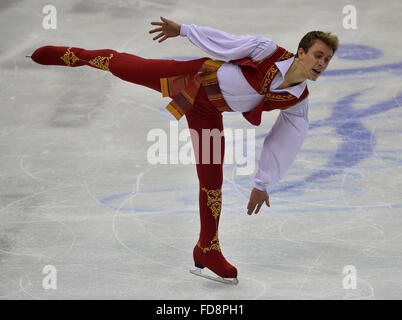 Bratislava, Slovaquie. 28 janvier, 2016. Michal Brezina, de la République tchèque, son programme libre au cours de patins à l'Figure Skating Championships à Bratislava, Slovaquie, jeudi 28 janvier, 2016. © Vaclav Salek/CTK Photo/Alamy Live News Banque D'Images