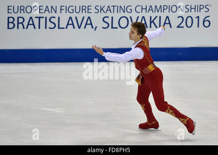 Bratislava, Slovaquie. 28 janvier, 2016. Michal Brezina, de la République tchèque, son programme libre au cours de patins à l'Figure Skating Championships à Bratislava, Slovaquie, jeudi 28 janvier, 2016. © Vaclav Salek/CTK Photo/Alamy Live News Banque D'Images