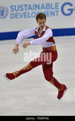 Bratislava, Slovaquie. 28 janvier, 2016. Michal Brezina, de la République tchèque, son programme libre au cours de patins à l'Figure Skating Championships à Bratislava, Slovaquie, jeudi 28 janvier, 2016. © Vaclav Salek/CTK Photo/Alamy Live News Banque D'Images