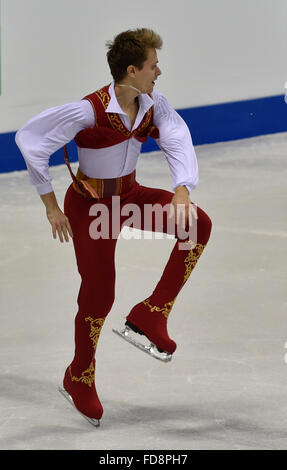 Bratislava, Slovaquie. 28 janvier, 2016. Michal Brezina, de la République tchèque, son programme libre au cours de patins à l'Figure Skating Championships à Bratislava, Slovaquie, jeudi 28 janvier, 2016. © Vaclav Salek/CTK Photo/Alamy Live News Banque D'Images