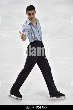 Bratislava, Slovaquie. 28 janvier, 2016. Javier Fernandez de l'Espagne ses patins programme libre au cours de l'or aux Championnats du monde de patinage artistique à Bratislava, Slovaquie, jeudi 28 janvier, 2016. © Vaclav Salek/CTK Photo/Alamy Live News Banque D'Images