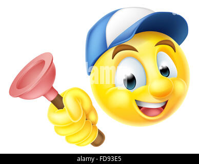 Smiley emoticon emoji Cartoon character holding plombier d'un lavabo ou des toilettes plongeur Banque D'Images