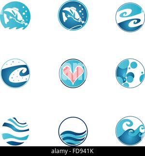 L'eau et les poissons ronds belle icônes Illustration de Vecteur