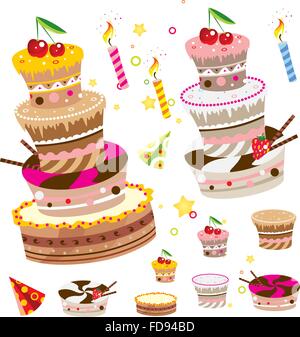 Icônes de différents gâteaux et tartes avec mignon décoration Illustration de Vecteur