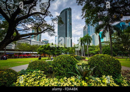 Jardins et des gratte-ciel vu à Ayala Triangle Park, à Makati, Metro Manila. Banque D'Images