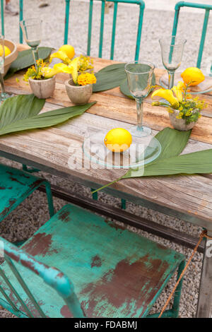 Image d'une table rustique pour le dîner dans le jardin. Banque D'Images