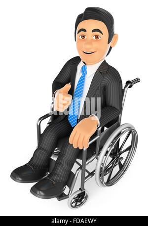 Les gens d'affaires. 3d homme d'handicapés avec le pouce sur un fauteuil roulant. isolé sur fond blanc. Banque D'Images