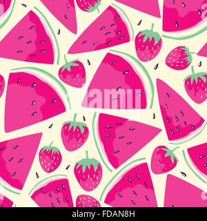 Modèle transparent avec des tranches de melon et fraises dans un style de dessin animé. Hand drawn design pour tissu, papier d'emballage, greet Illustration de Vecteur