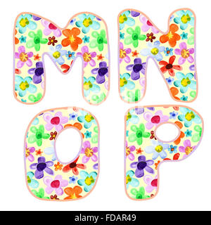 Alphabet de fleurs Aquarelle colorée. Lettres M, N, O, P Banque D'Images