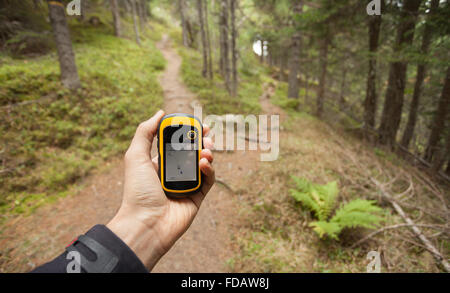 Trouver la bonne position dans la forêt via gps Banque D'Images