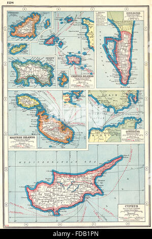 POSSESSIONS EUROPÉENNES BRITANNIQUE : Malte Chypre Gibraltar Guernesey Jersey, 1920 map Banque D'Images