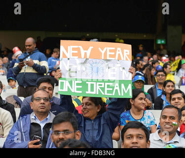 Melbourne, Australie. 29 janvier, 2016. Un ventilateur indien contient jusqu'signe au Melbourne Cricket Ground à la vingt20 série internationale entre l'Australie et l'Inde au Melbourne Cricket Ground de Melbourne. L'Inde a remporté par la série 2-0 : Action Crédit Plus Sport/Alamy Live News Banque D'Images