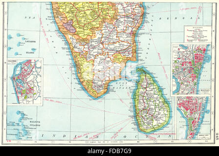 L'INDE DU SUD/CEYLAN : Chennai Madras Bombay Mumbai.Colombo Sri Lanka, 1920 map Banque D'Images