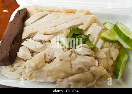 Riz au poulet Hainanese dans la boîte en polystyrène Banque D'Images