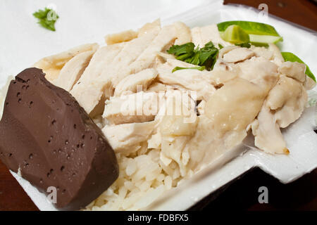 Riz au poulet Hainanese dans la boîte en polystyrène Banque D'Images