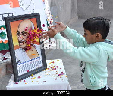 Binaker, Inde. Jan 30, 2016. Un enfant propose des pétales de fleurs au cours de l'hommage au Mahatma Gandhi's 68e anniversaire de la mort. Mohandas Karamchand Gandhi ou le Mahatma Gandhi a été assassiné à New Delhi le 30 janvier 1948. Credit : Dinesh Gupta/Pacific Press/Alamy Live News Banque D'Images