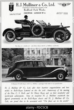 Vintage Original advert à partir de 1950. Annonce de publicité 1954 Mulliner coachbuilders célébrer 50e anniversaire de Rolls Royce. Banque D'Images