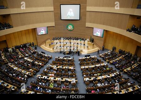 Addis Abeba, Ethiopie. Jan 30, 2016. Vue du 26e sommet de l'UA est vu à Addis Abeba, capitale de l'Éthiopie, le 30 janvier 2016. La 26ème session ordinaire de l'Union africaine (UA) chefs d'Etats et de gouvernement prendra le départ le samedi au Siège de l'UA à Addis-Abeba. Credit : Pan Siwei/Xinhua/Alamy Live News Banque D'Images