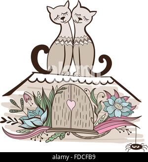 Illustration avec Valentines Couple de chats assis sur le vieux toit avec ornements floraux et spider Illustration de Vecteur