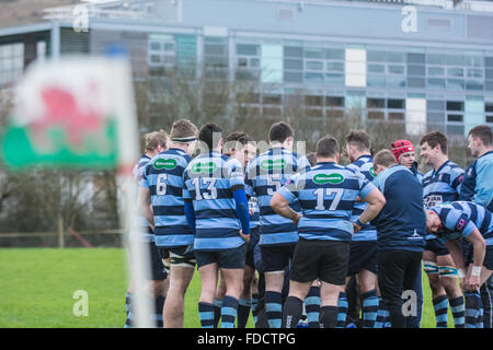 L'Ouest du pays de Galles, Aberystwyth, UK 30 janvier 2016 Sport. Aberystwyth RFC (1ère équipe) vs Carmarthen Athletic RFC (1ère équipe) jouer dans la Ligue nationale SWALEC. Aberystwyth sont sur leur propre terrain. Comme la grêle descendu juste avant la mi-temps Aberystwyth prendre la tête avec un essai et la conversion. Trebuchet © Photographie / Alamy News Live Banque D'Images