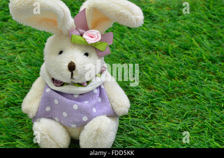 Close up d'un beige lapin de Pâques, femme avec robe pourpre, assis sur l'herbe verte, horizontal Banque D'Images