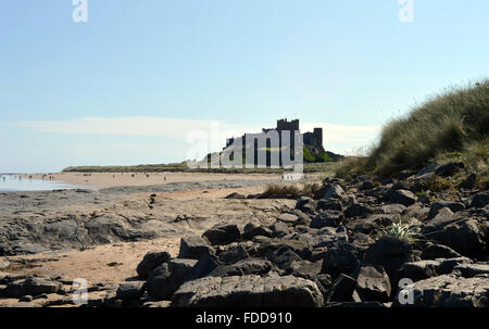 Château de Bamburgh vue à travers les rochers, des dunes et de la plage Banque D'Images