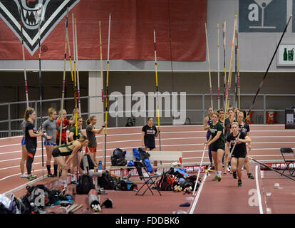 Albuquerque, NM, USA. Jan 30, 2016. Lady pole vaulters line jusqu'à leur tour pour obtenir quelques sauts d'échauffement avant le début pour qu'il concurrence. Samedi, 30 janvier 2016. © Jim Thompson/Albuquerque Journal/ZUMA/Alamy Fil Live News Banque D'Images