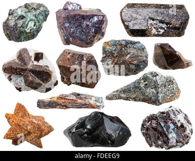 Différentes pierres naturelles et de pierres - Obsidienne, malachite, gneiss, lamprophyllite, morion, staurotide, tourmaline dravite, cuprite, Banque D'Images