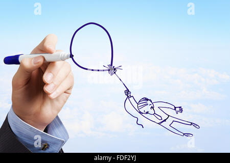 L'homme dessin caricature de businessman flying sur balloon Banque D'Images