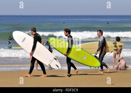 Les surfeurs. Biscarrosse Plage, Landes, Aquitaine, sud-ouest de la France. Banque D'Images