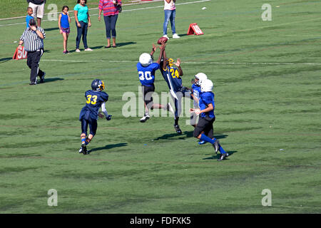 Joueur de football noir l'âge de 11 sauts dans l'air pour attraper pass. McMurray Domaine St Paul Minnesota MN USA Banque D'Images