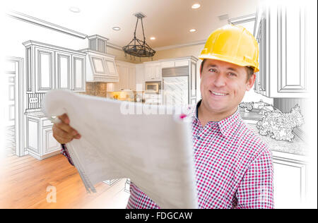 Entrepreneur Smiling Holding Blueprints sur Custom cuisine Dessin et Photo combinaison. Banque D'Images